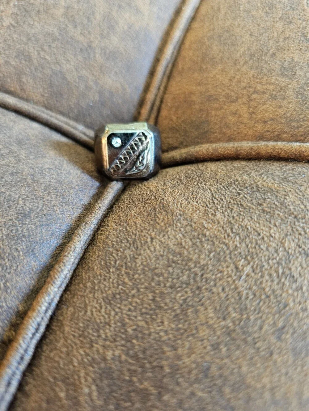 Vintage European Ukrainian silver tone signet ring Gold Tone 1960s w/ Zirconia
